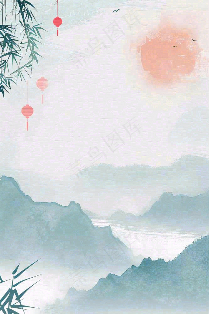 古风山水水墨画柳树柳条日出燕子惊蛰清明端午插画背景