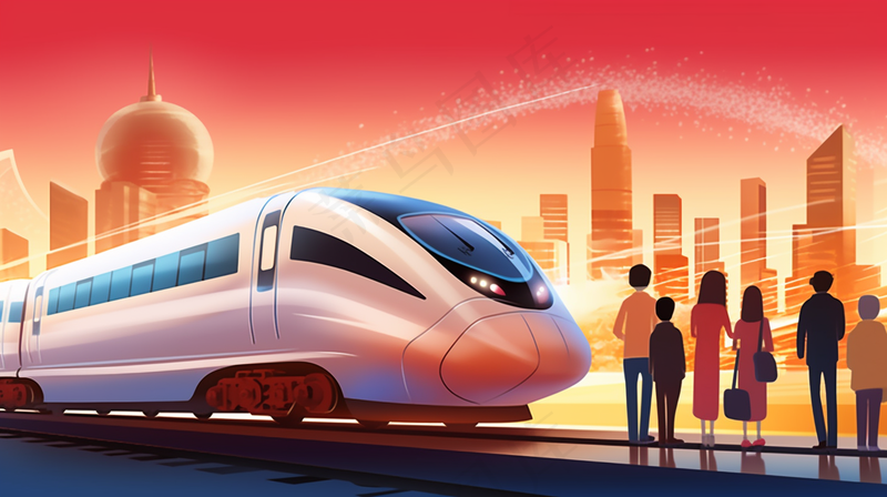 中国传统节日春节除夕春运赶火车回家团聚的人物插画海报背景