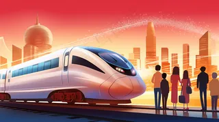 中国传统节日春节除夕春运赶火车回家团聚的人物插画海报背景