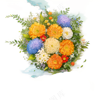 黄色 绿色 手绘 花丛 免抠 素材 11