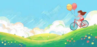 春夏踏青女孩骑自行车草原蓝天白云气球自由春分惊蛰卡通插画背景