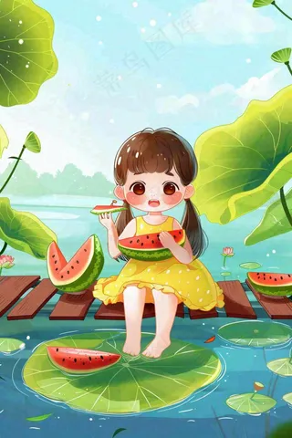 夏天荷花湖木桥上吃西瓜的女孩清凉立夏夏至大暑小暑卡通插画背景