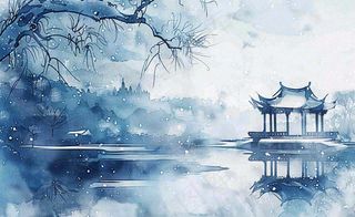 古风水墨中国风风景冬天凉亭雪花大寒小雪大雪插画背景