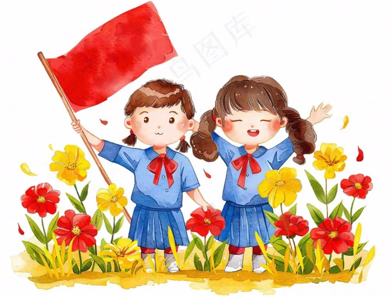 学生举着旗帜红旗青少年青年祖国花朵国庆人物卡通插画免抠(1264x960)