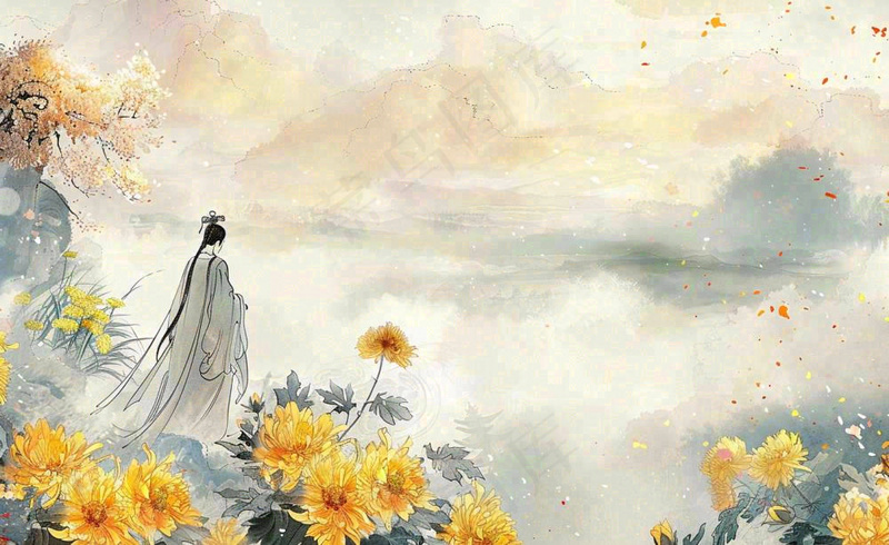 秋天古风水墨画山川菊花古风人物端午清明中秋重阳插画背景(1408x864)