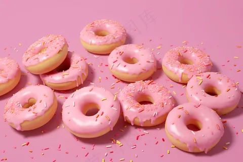 粉色甜甜圈粉色梦幻背景下午茶美食甜点摄影图 粉色甜甜圈粉色梦幻背景下午茶美食甜点摄影图