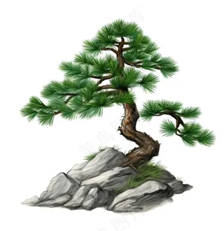 松树石壁上的迎客松古风水墨画插画免抠
