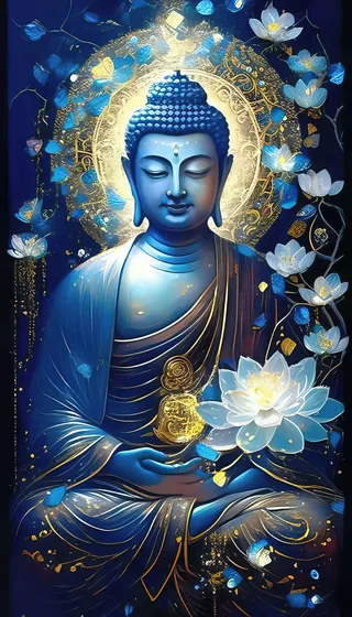荷花佛像蓝色装饰画