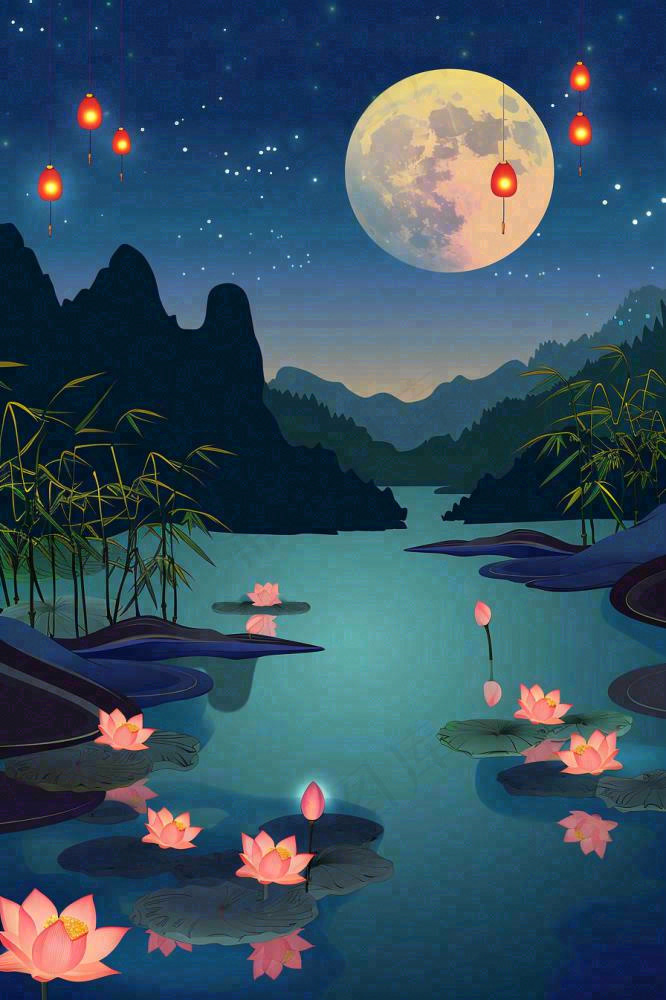 月圆之夜湖面莲花灯祈福星空中秋中元节插画背景(896x1344)