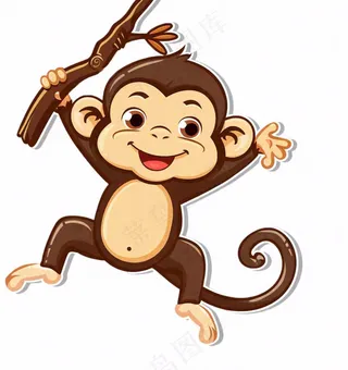 挂树枝的猴子猕猴动物卡通插画免抠