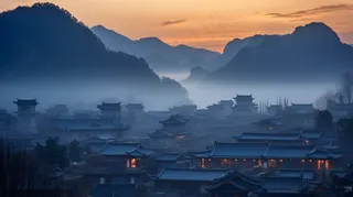 傍晚夕阳余晖下的古城城镇中式建筑山峦叠嶂美景摄影图