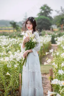 手拿喇叭花的长裙女孩