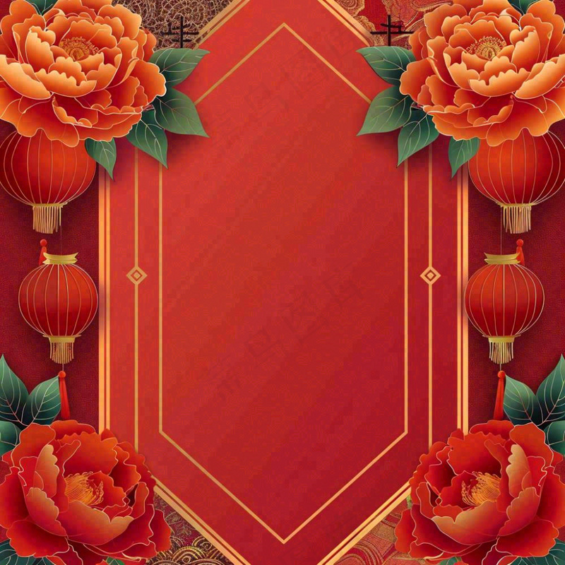 新春新年牡丹花灯笼红色边框剪贴画插画背景