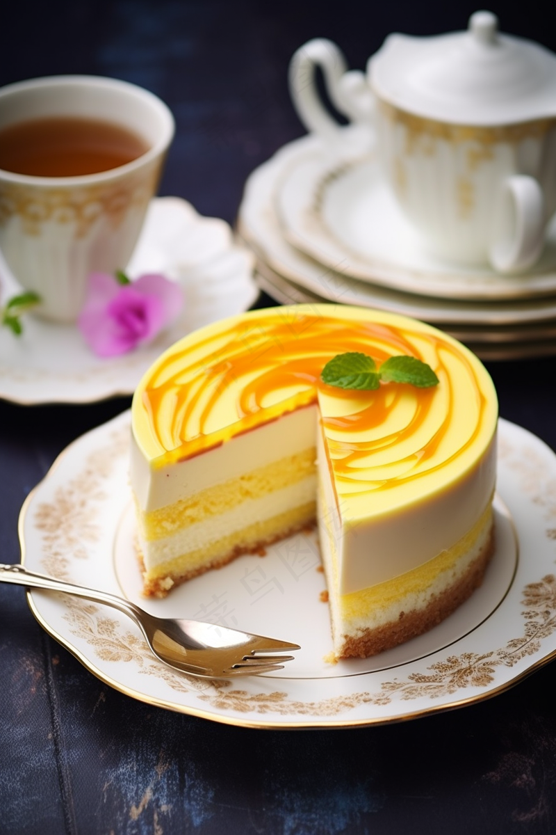 芒果慕斯蛋糕薄荷下午茶摄影图