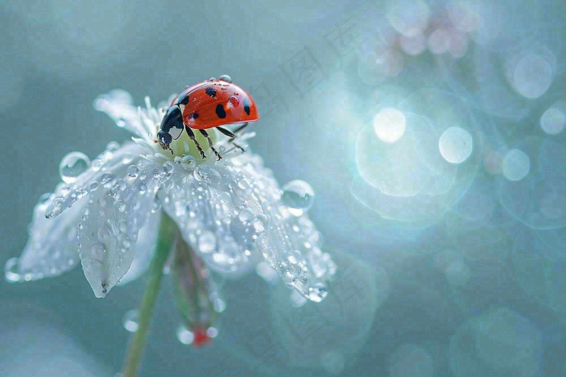 下雨天白色花朵上的七星瓢虫昆虫春天雨水谷雨摄影图(1344x896)
