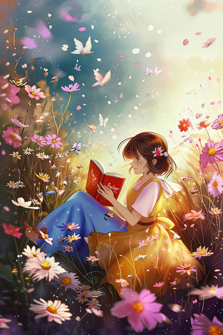 紫色花丛中的少女阅读书本烂漫插画背景