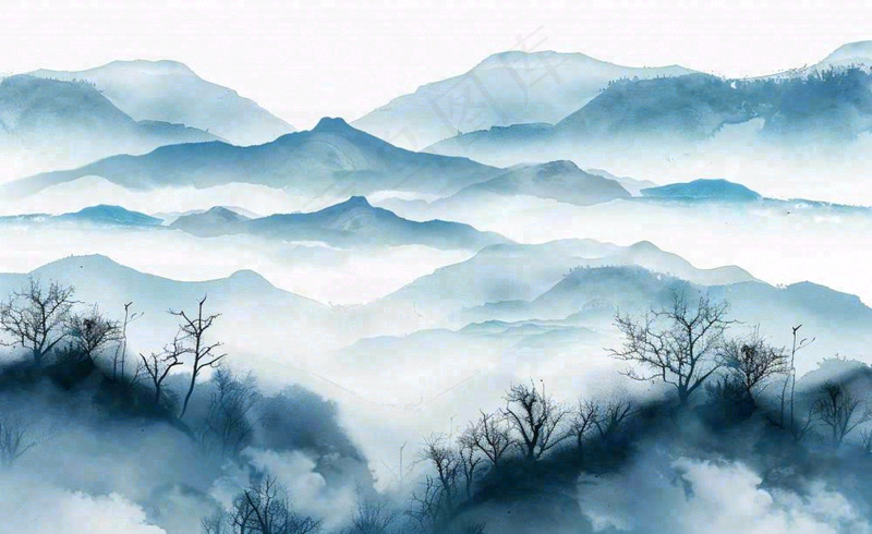 中国风水墨山水画青山山峦叠嶂云雾清明端午寒露古风插画背景(1408x864)