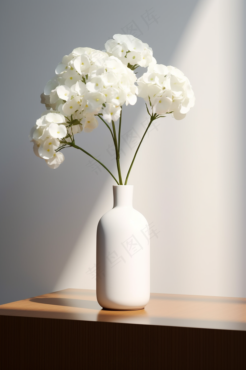 花瓶插花白色的花朵花束摄影图