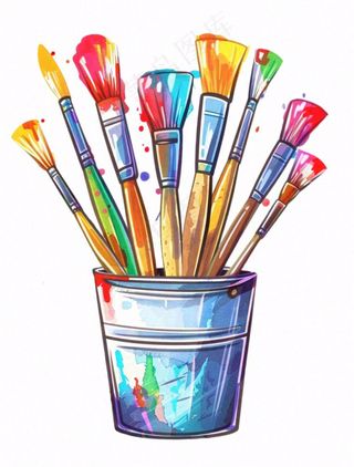 画笔颜料水桶彩色美术卡通插画免抠