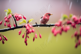 春天谷雨树枝上的小鸟粉色花朵枝条摄影图