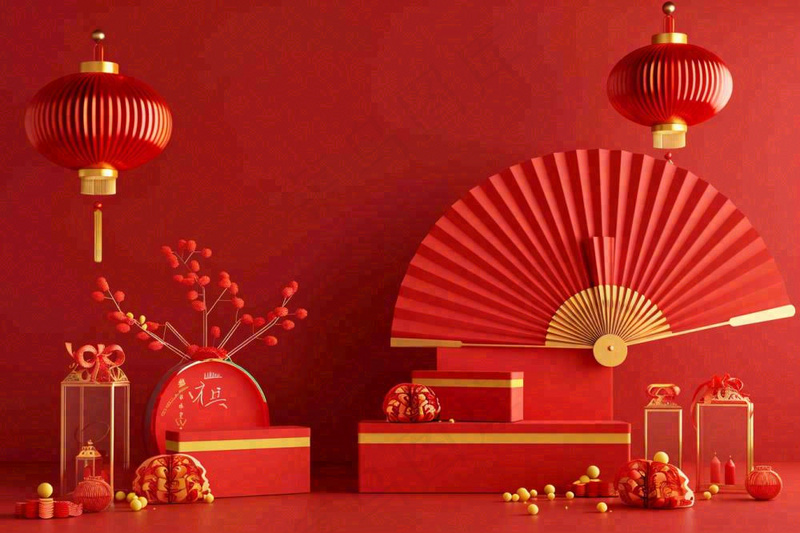 红金创意喜庆新年扇子鼓灯笼C4D展台背景新年春节小年电商背景
