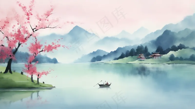 春天山水画水墨画湖边桃花树盛开江南古风插画背景(4368x2448)