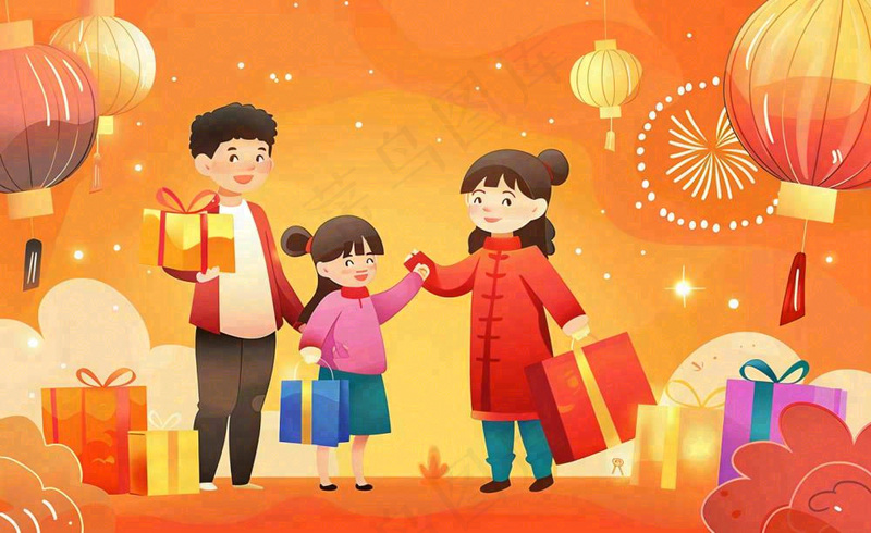 新年春节回家过年团聚送礼物热闹喜庆欢庆卡通插画背景