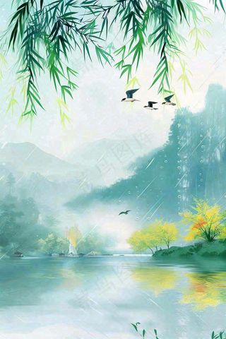 春天雨水水墨山水柳树柳枝燕子黄花盛开清明端午插画背景