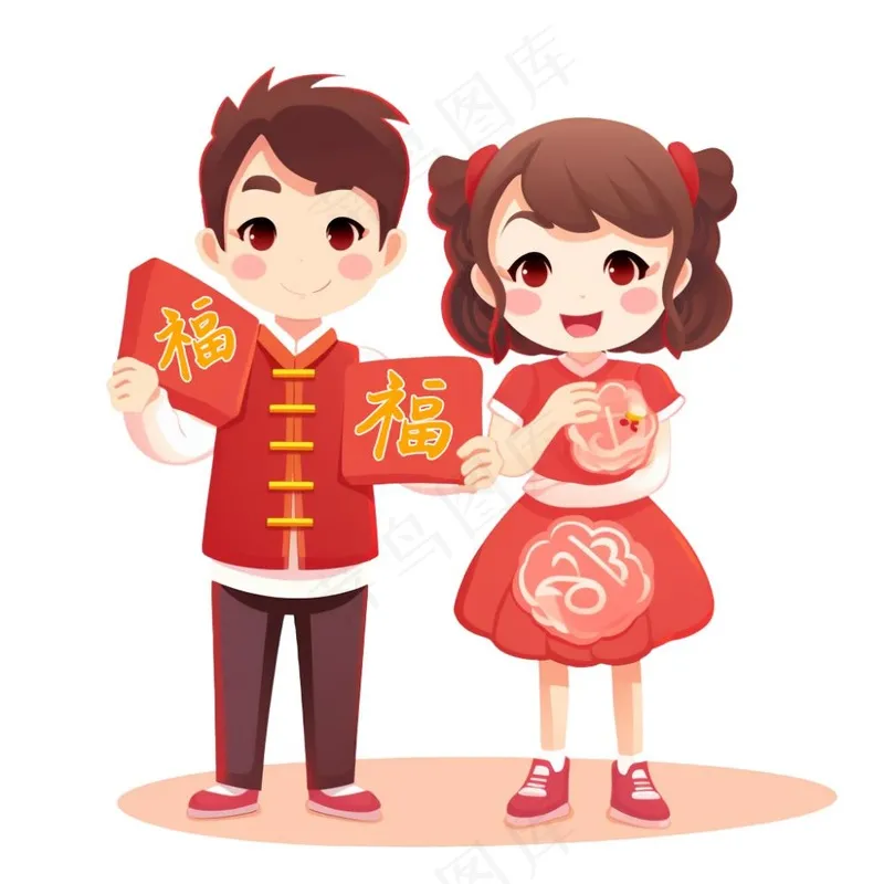 新年春节儿童红色福贴纸节日喜庆恭祝新年卡通插画免抠(1024x1024)