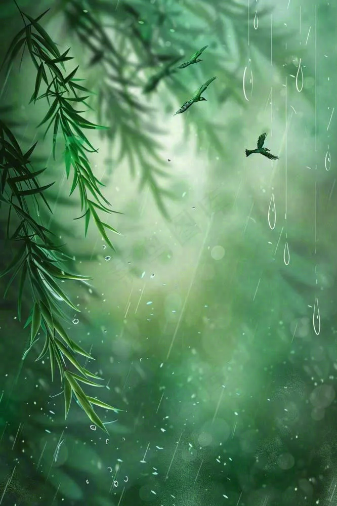 绿色简约小清新柳树雨天燕子雨水谷雨插画背景(896x1344)