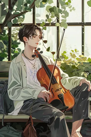 花丛绿叶下的吉他小提琴少年插画背景