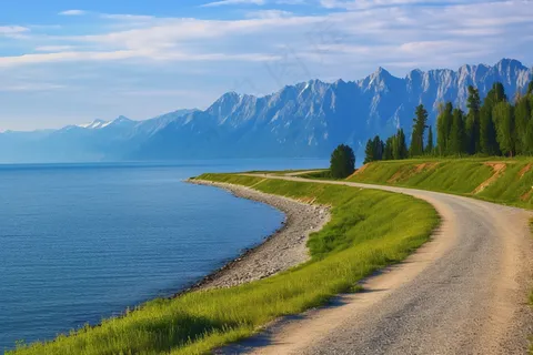 湖畔公路大自然风景摄影图