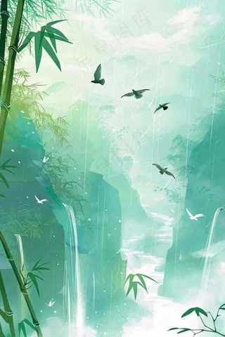 国风山水竹林磅礴山河瀑布大雁雨滴清明端午水墨插画背景