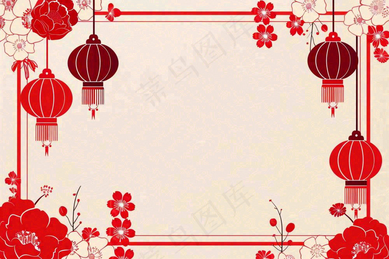 红色剪贴纸边框红灯笼红花梅花喜庆节日新年春节小年除夕插画背景