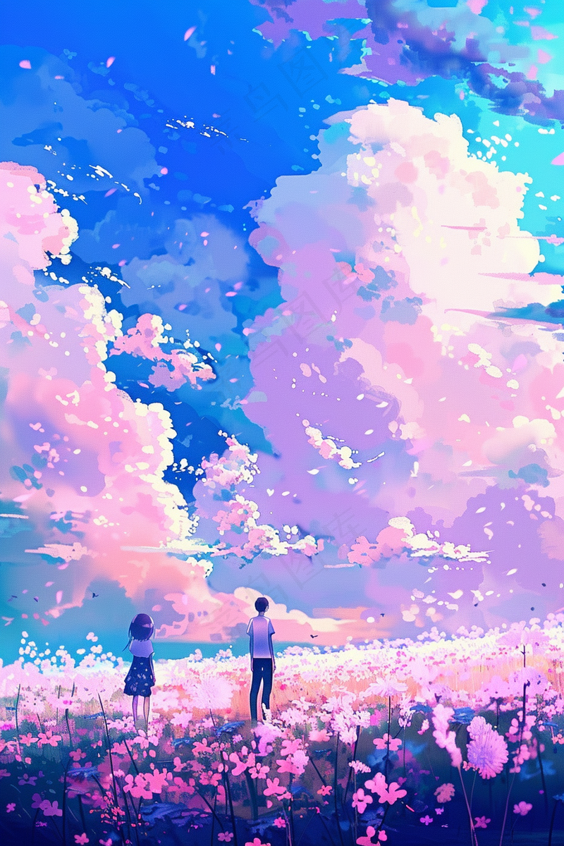 天空之境粉紫天空花海里的少女少年插画背景(2688x4032)