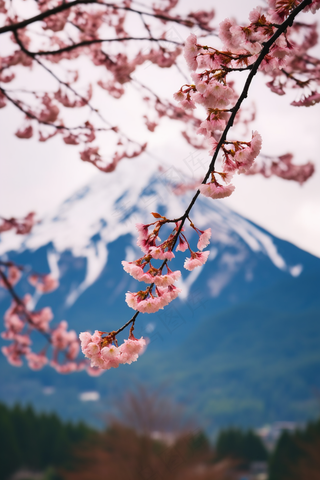 春天雪山下的樱花树美景摄影图