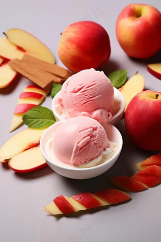 苹果冰淇淋球美食甜点摄影图