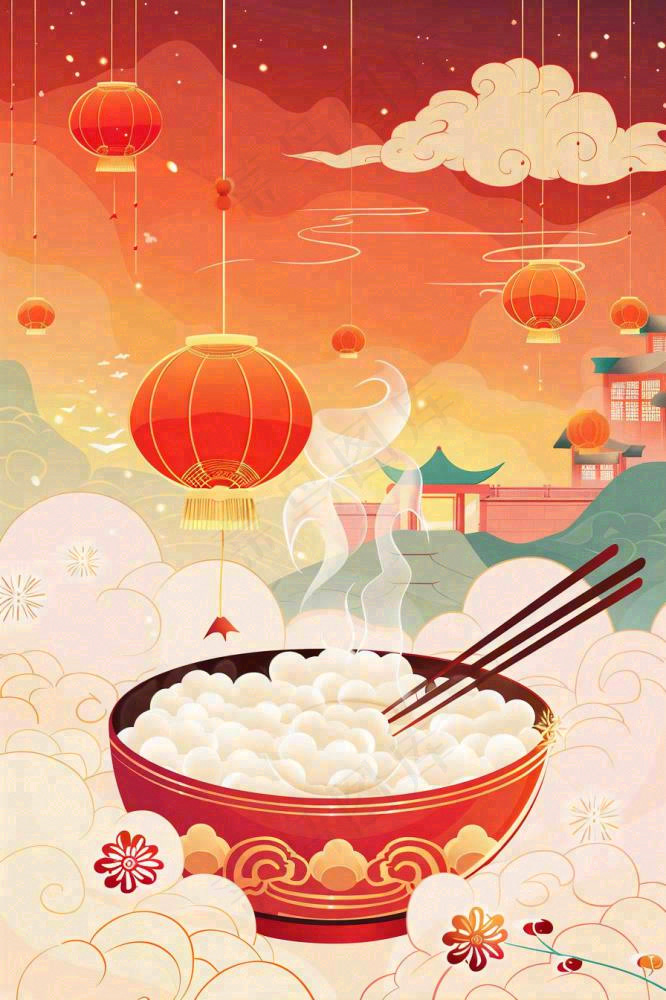 元宵汤圆节日灯笼红色喜庆插画背景(896x1344)