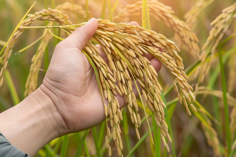 a person holding a stalk of rice in their hand, a digital rendering by Joseph Werner, pixabay, conceptual art, harvest, strong grain, high grain 