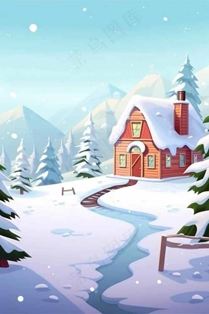 冬天卡通雪景小屋背景(896x1344)