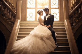 婚纱西装的新婚夫妇婚纱照教堂摄影图