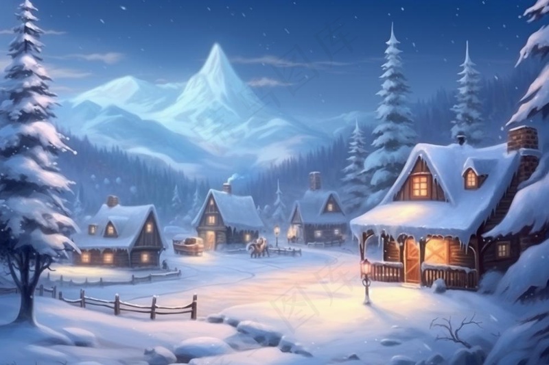 雪景夜晚小屋圣诞雪路背景(1344x896)