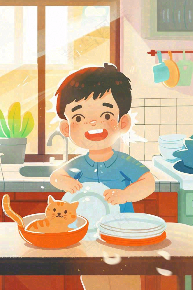 手绘五一劳动节假期学生做家务场景插画卡通劳动节儿童插画背景(896x1344)