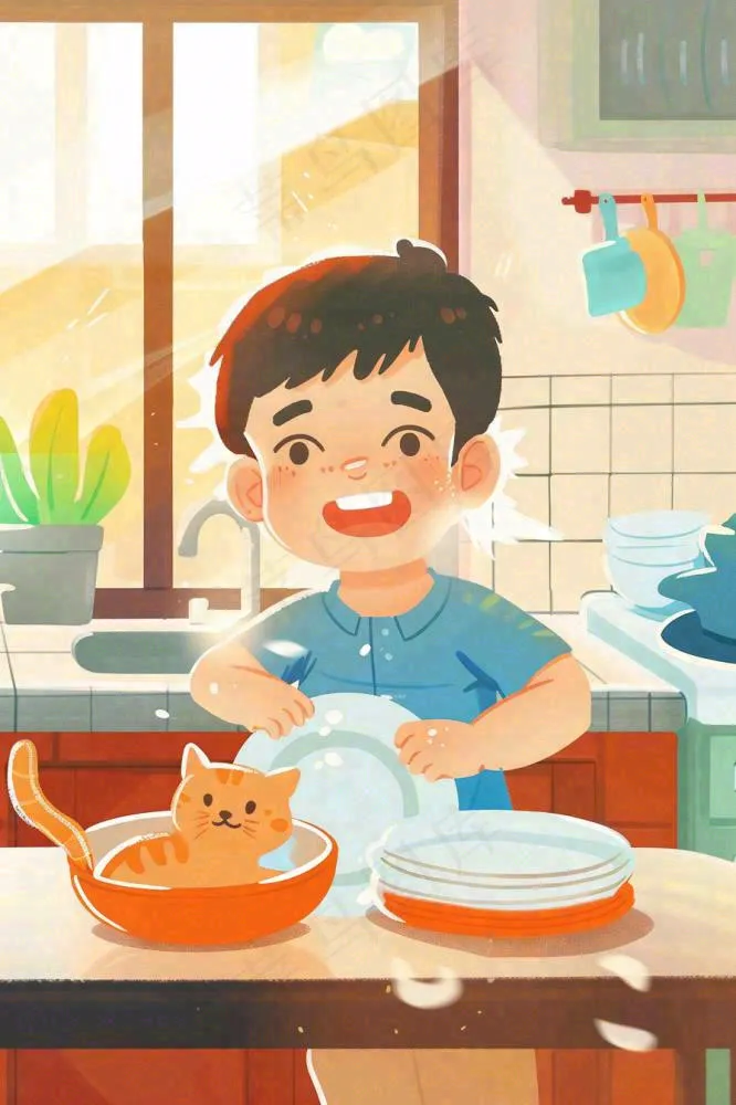手绘五一劳动节假期学生做家务场景插画卡通劳动节儿童插画背景(896x1344)