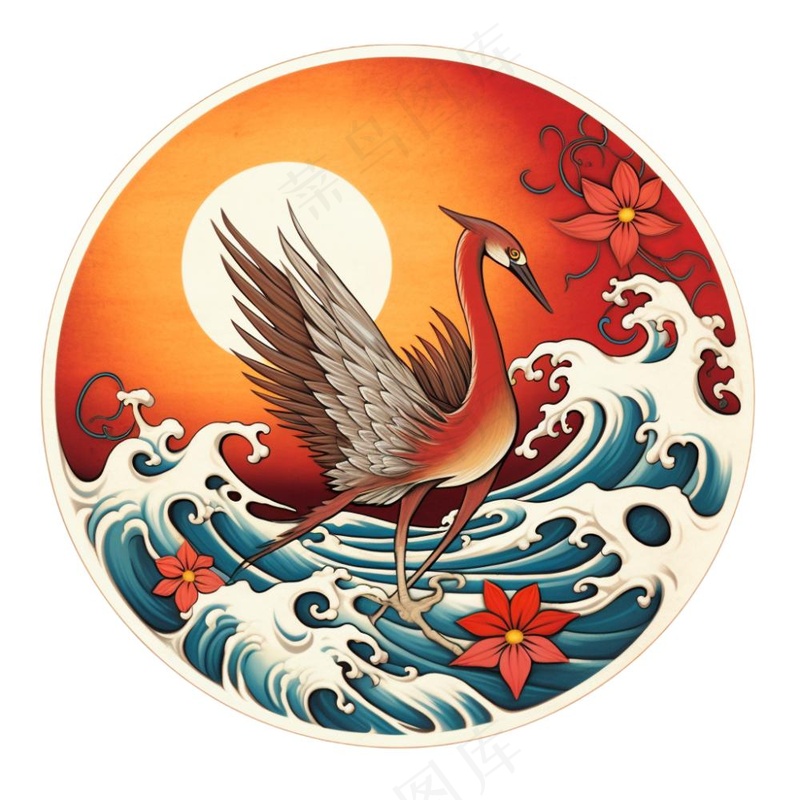 国潮仙鹤国风圆形插画免抠(1024x1024)