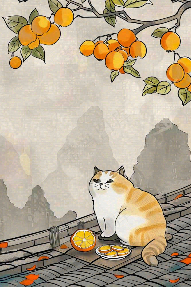 古风屋檐上的橘子树猫咪中国风插画处暑秋分白露插画背景