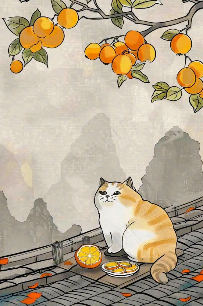 古风屋檐上的橘子树猫咪中国风插画处暑秋分白露插画背景(896x1344)