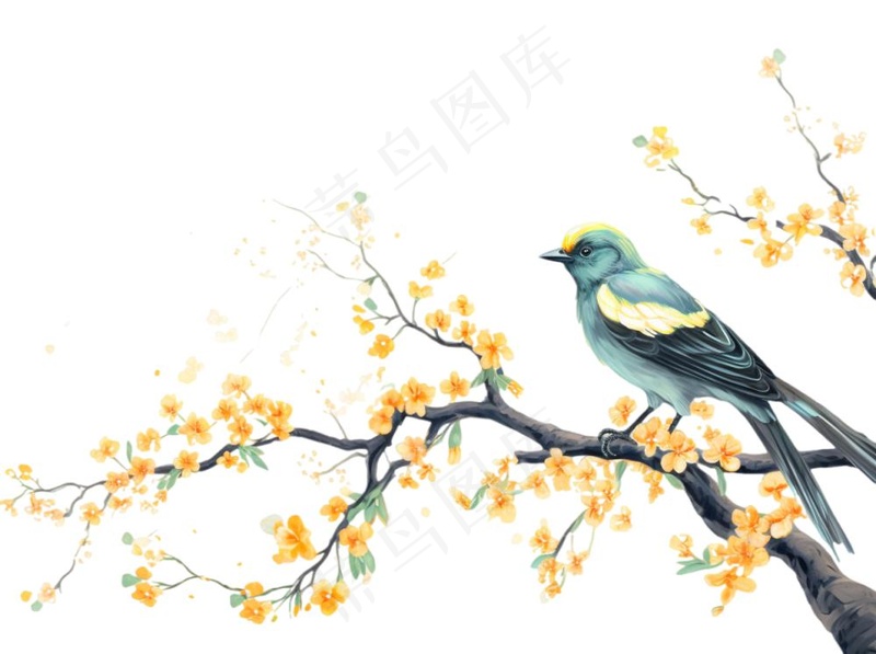 站在树上的鸟黄花卡通插画免抠(1264x944)