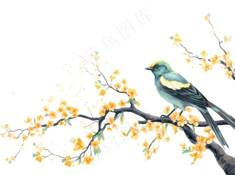 站在树上的鸟黄花卡通插画免抠(1264x944)