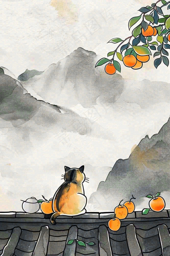 古风屋檐上的橘子树猫咪中国风插画处暑秋分白露插画背景(896x1344)